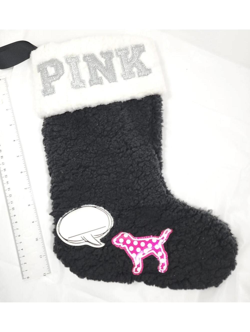 Victoria's Secret PINK Black Sherpa Stocking Glitter Christmas Stocking LOGO Dog